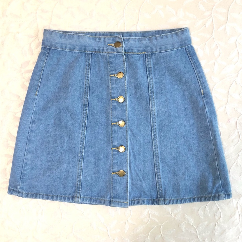 Shein Womens Denim Skirt Medium Light Blue Casual Skater Button Mini